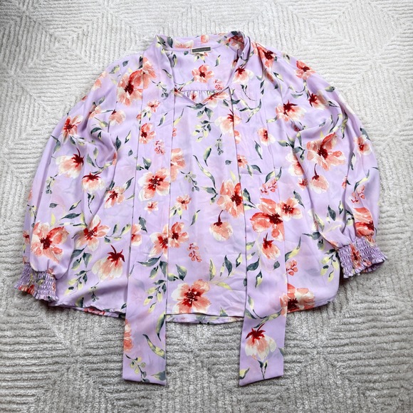 Pleione Floral Tie Neck Blouse Women's XL Purple Cottagecore Romantic Boho Chic - Picture 2 of 8